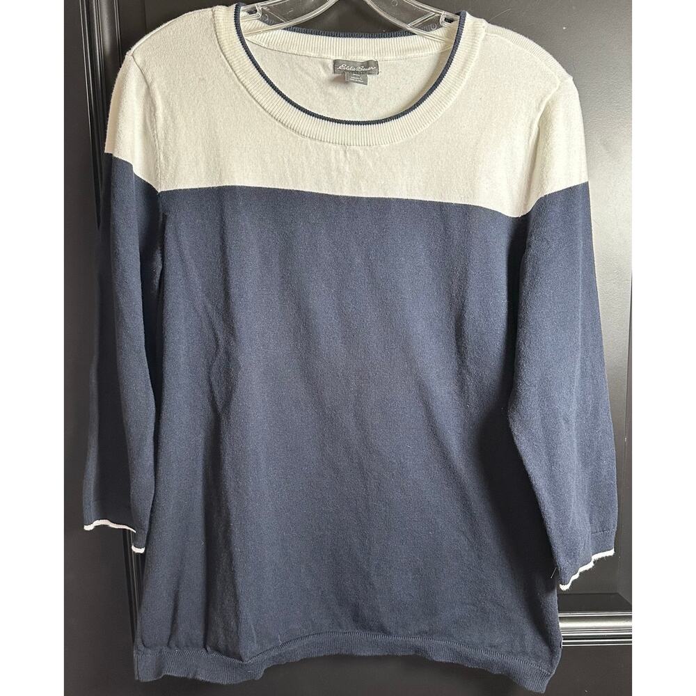 Eddie Bauer Women's Large Navy Blue & White 3/4 Sleeve Crewneck Sweater